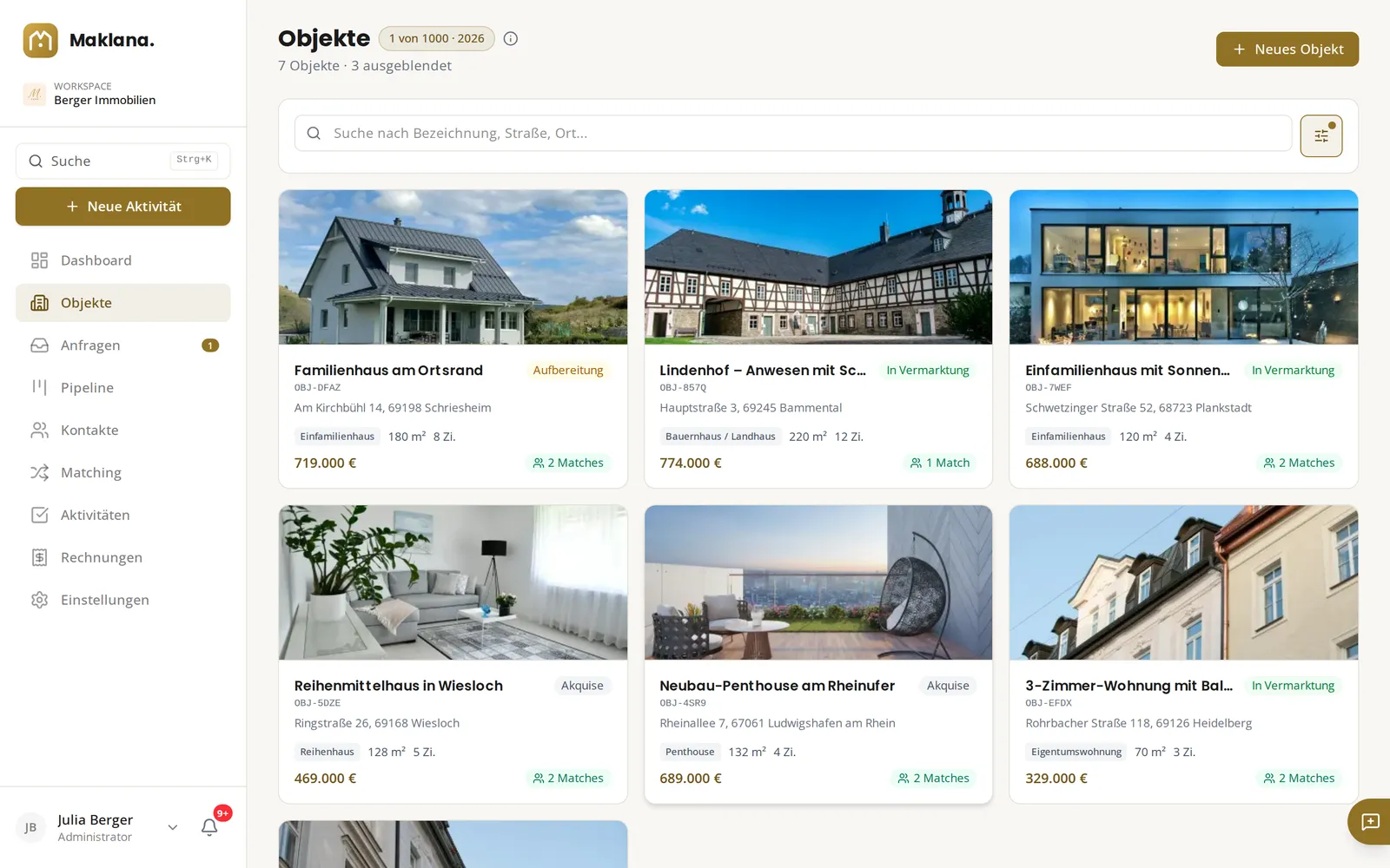 Objektliste in Maklana mit Fotos, Status, Preis und Treffern je Objekt